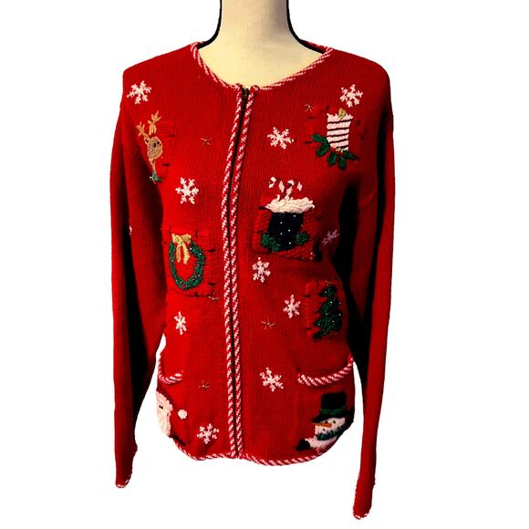 Women's Croft & Barrow Size XL Zip Up Christmas Sweater Red Santa Claus Snowman - Picture 1 of 3